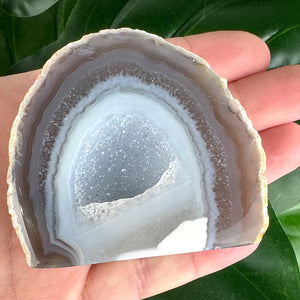 Grey & White Agate Slice with Crescent Druzy Pocket | Polished Base Cut Crystal