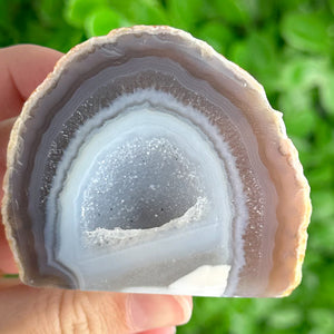 Grey & White Agate Slice with Crescent Druzy Pocket | Polished Base Cut Crystal