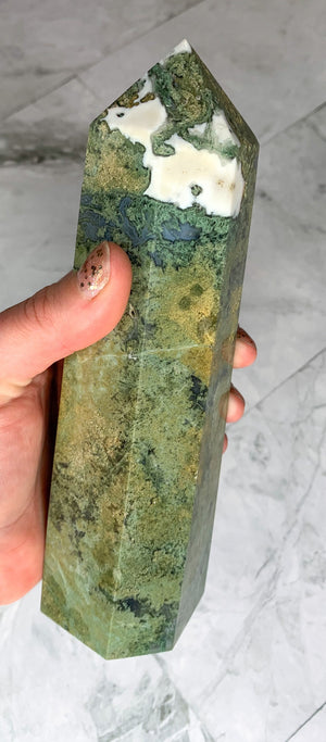 XL Natural Moss Agate Tower