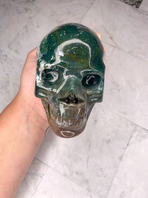 Moss Agate Skull (XL) | Growth & Earth Energy | Statement Crystal