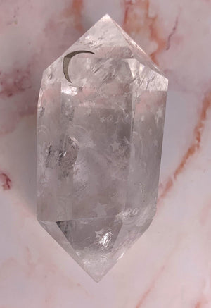 Clear Quartz Double Terminated Engraved Moon and Stars, Moon Star Clear Quartz Wand, Point