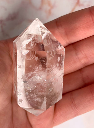 Clear Quartz Double Terminated Engraved Moon and Stars