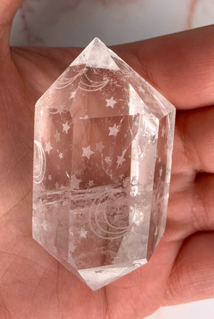 Clear Quartz Double Terminated Engraved Moon and Stars
