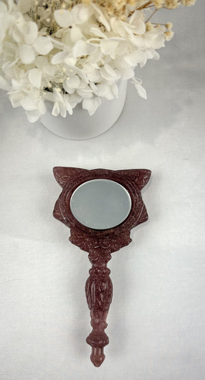 Adorable Cat-Shaped Strawberry Quartz Mirror - One of a Kind
