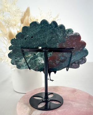 Unique Ocean Jasper & Malachite Carved Wing on Peacock Stand