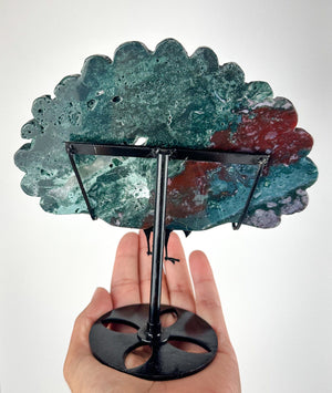 Unique Ocean Jasper & Malachite Carved Wing on Peacock Stand