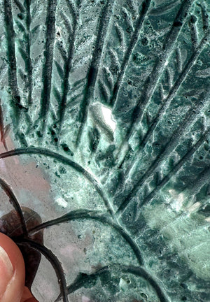 Unique Ocean Jasper & Malachite Carved Wing on Peacock Stand