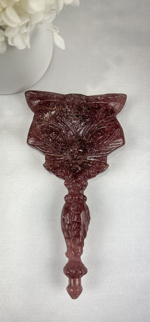 Adorable Cat-Shaped Strawberry Quartz Mirror - One of a Kind