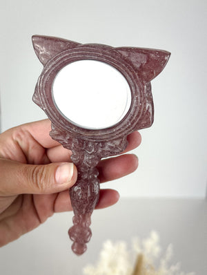 Adorable Cat-Shaped Strawberry Quartz Mirror - One of a Kind