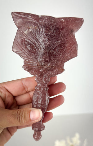 Adorable Cat-Shaped Strawberry Quartz Mirror - One of a Kind