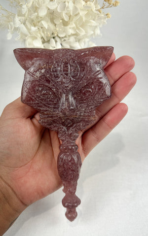 Adorable Cat-Shaped Strawberry Quartz Mirror - One of a Kind