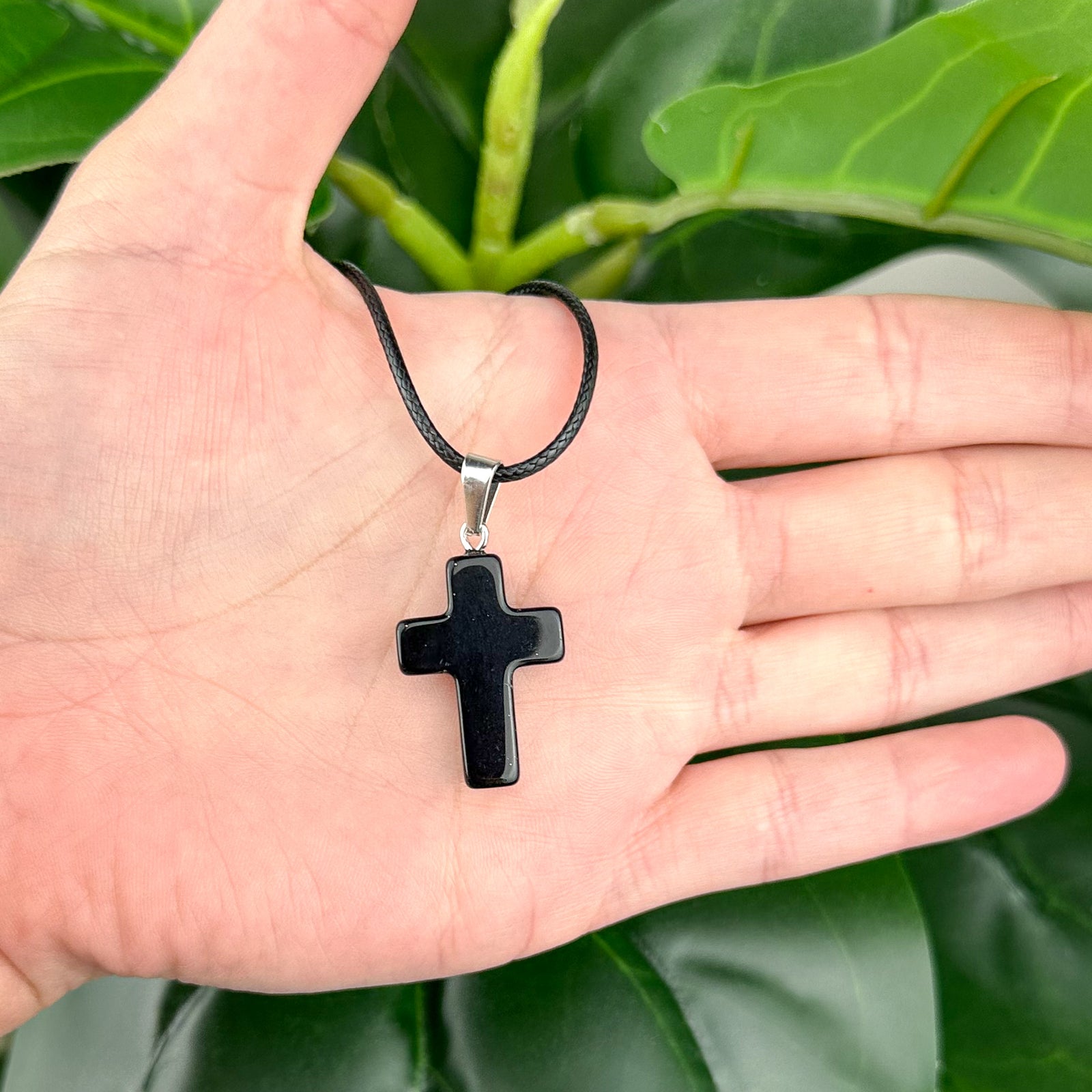 Black Obsidian Cross Necklace | Protection & Strength | Adjustable Cord Crystal Pendant