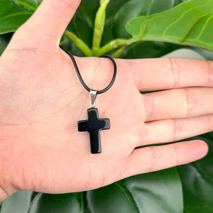 Black Obsidian Cross Necklace | Protection & Strength | Adjustable Cord Crystal Pendant