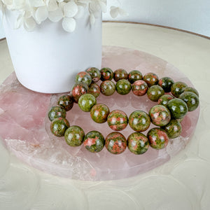 High-Quality Unakite Bracelet - 12mm Beads