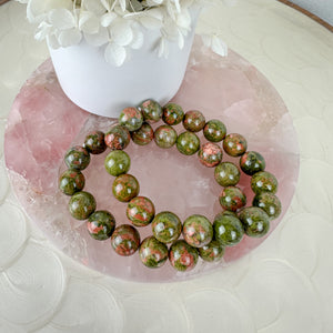 High-Quality Unakite Bracelet - 12mm Beads
