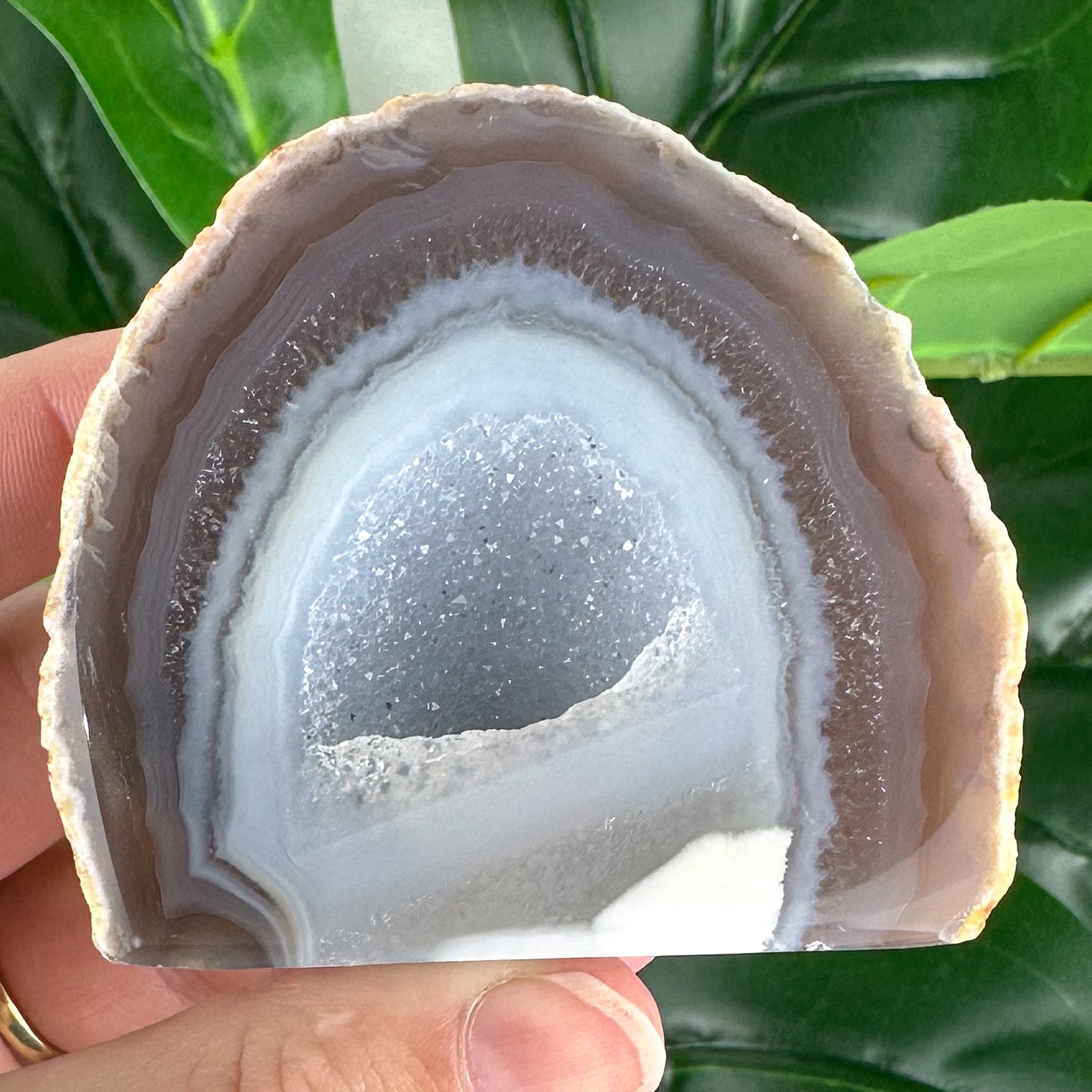 Grey & White Agate Slice with Crescent Druzy Pocket | Polished Base Cut Crystal