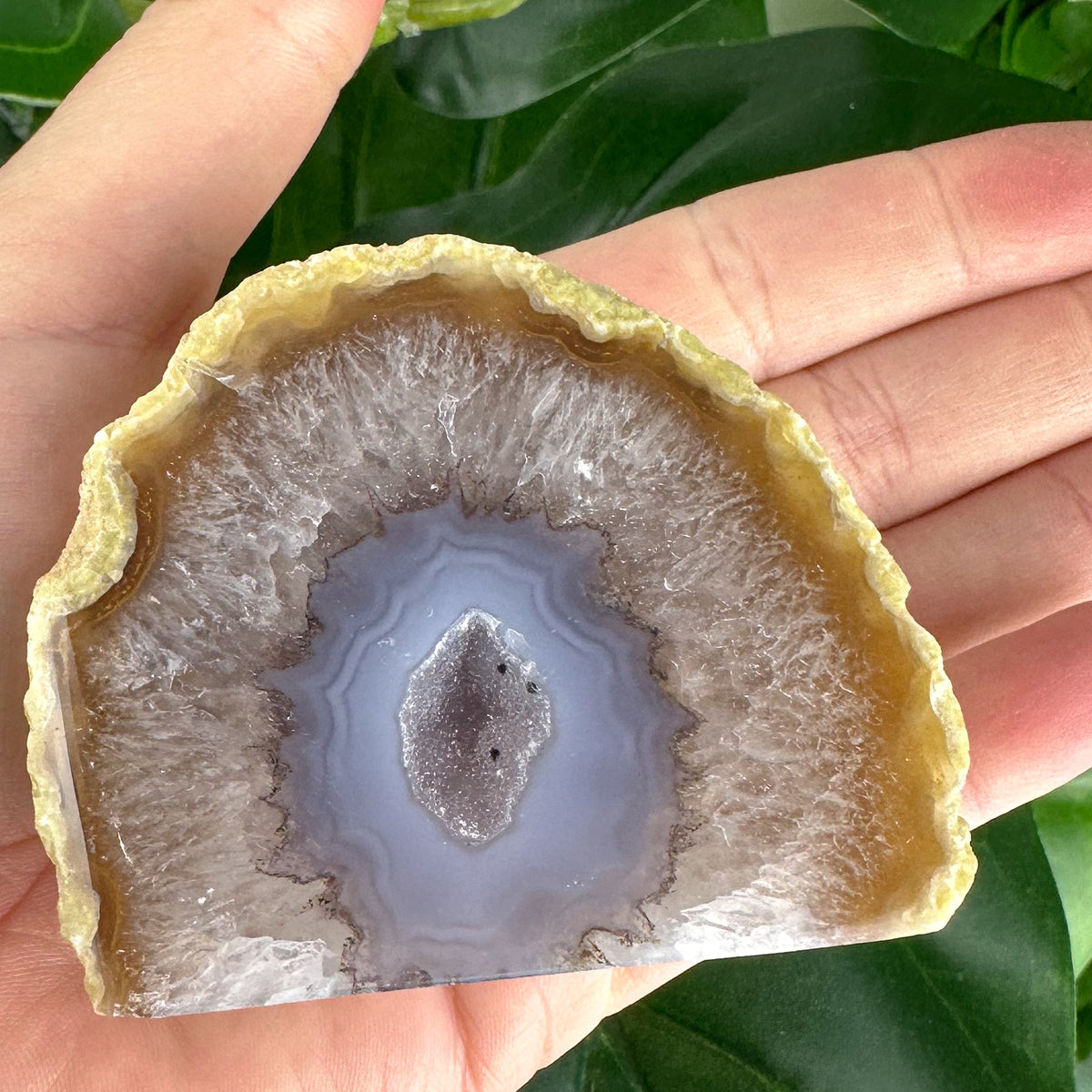 Golden-Tipped Agate Slice with Lilac Druzy Center | Freestanding Polished Crystal