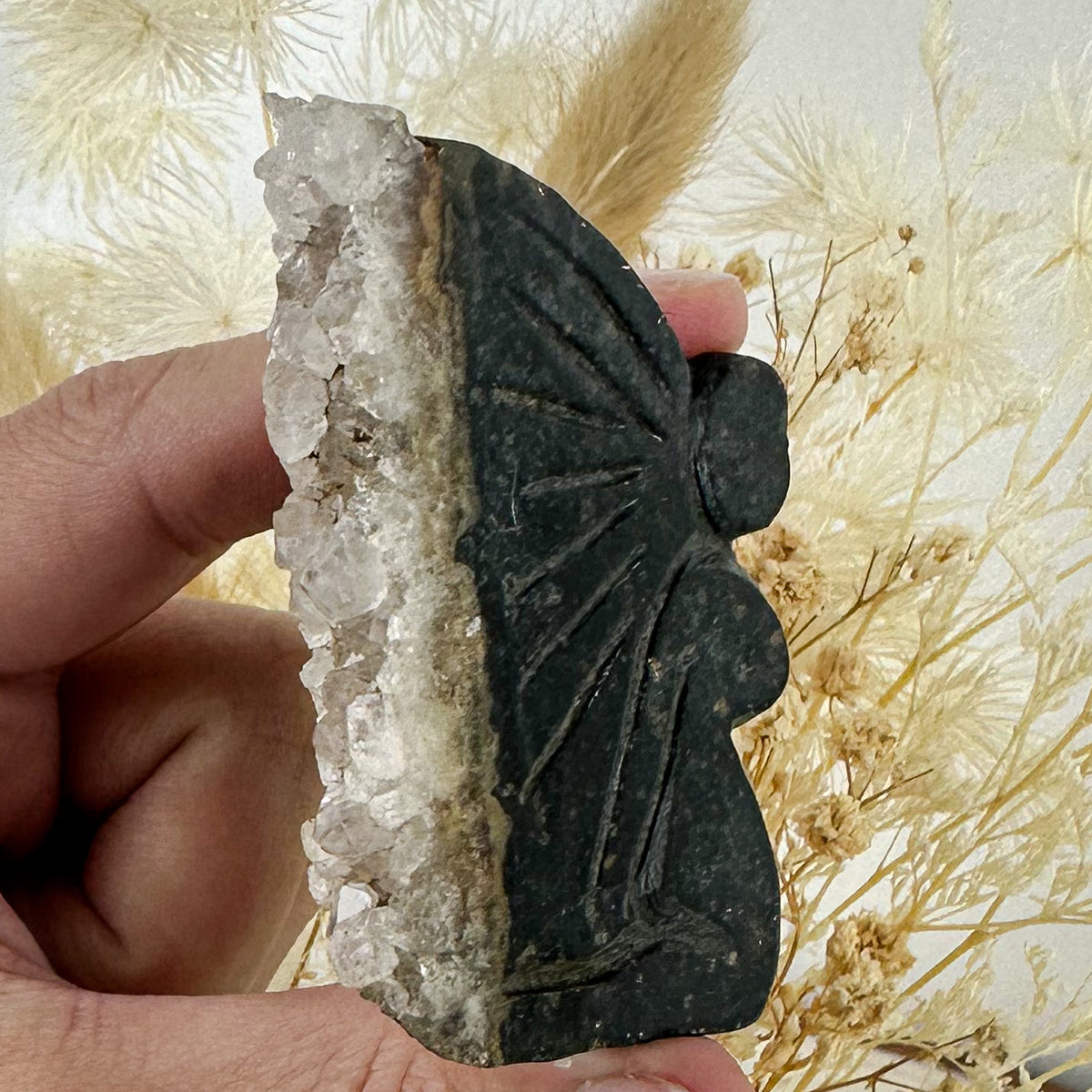 Hand Carved Fairy with Quartz Druzy Wings - 41g