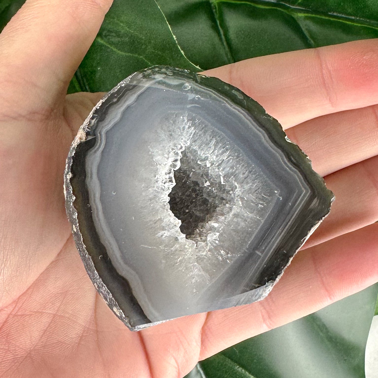 Smoky Grey Agate Geode Slice with Polished Face – Calming Energy