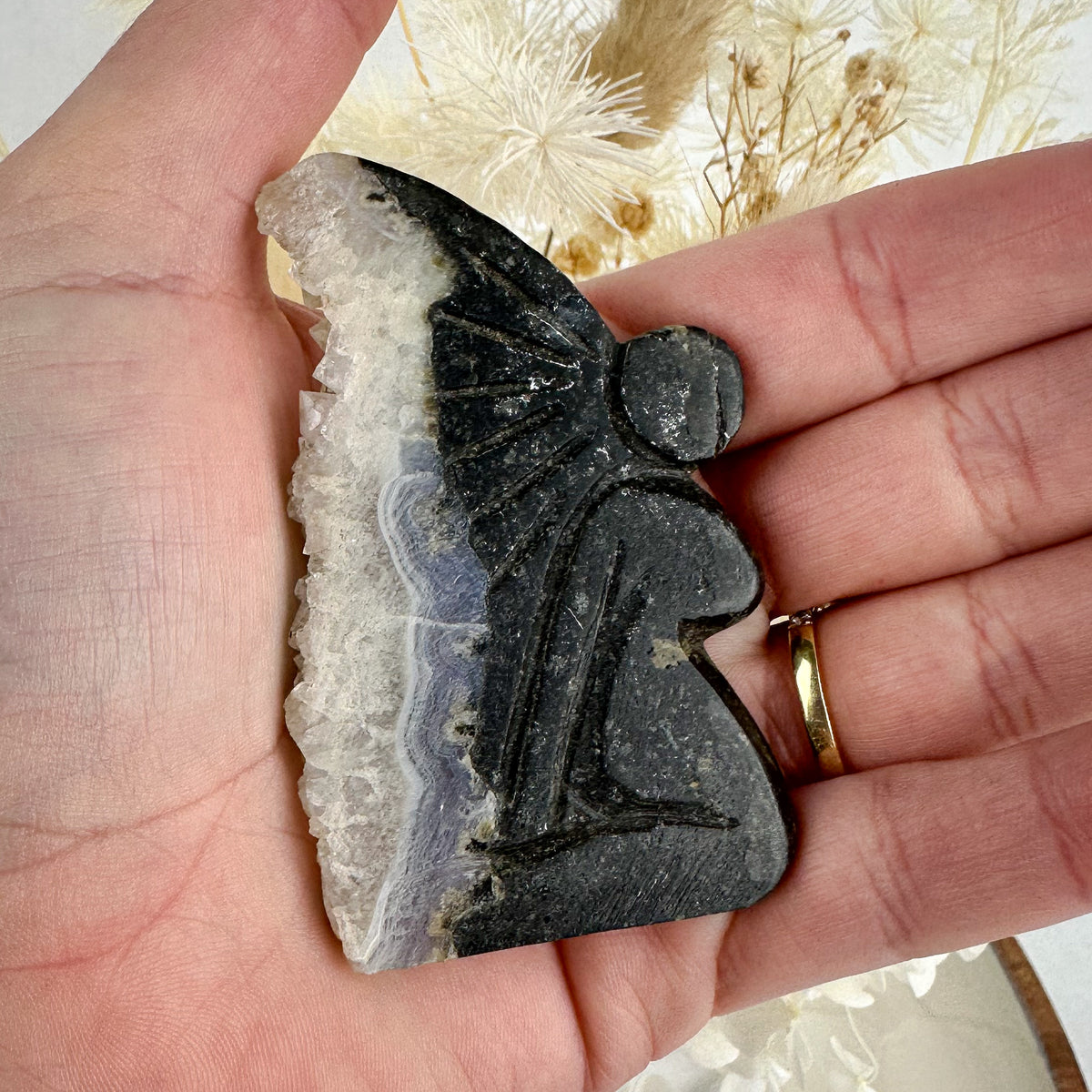 Hand Carved Fairy with Quartz Druzy Wings - 41g