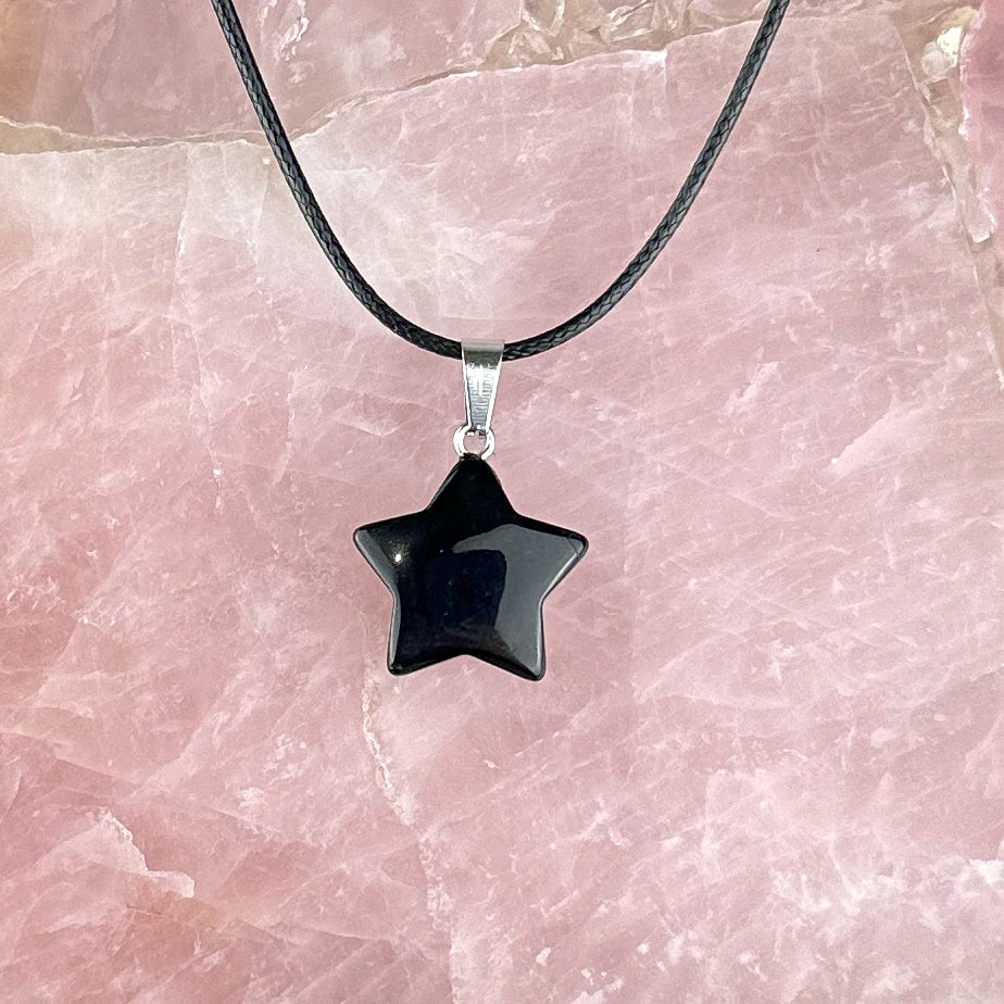 Black Obsidian Star Necklace | Protection & Guidance | Adjustable Cord Crystal Pendant