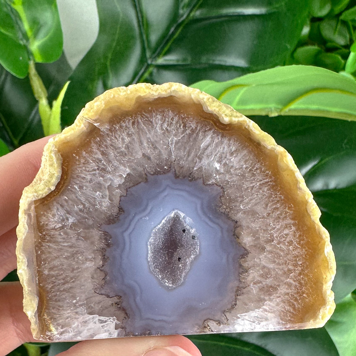 Golden-Tipped Agate Slice with Lilac Druzy Center | Freestanding Polished Crystal