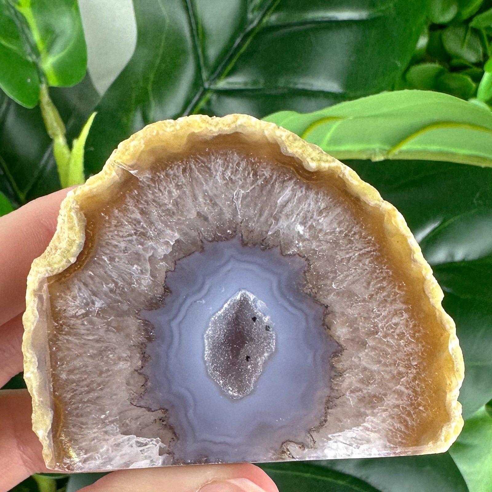 Golden-Tipped Agate Slice with Lilac Druzy Center | Freestanding Polished Crystal