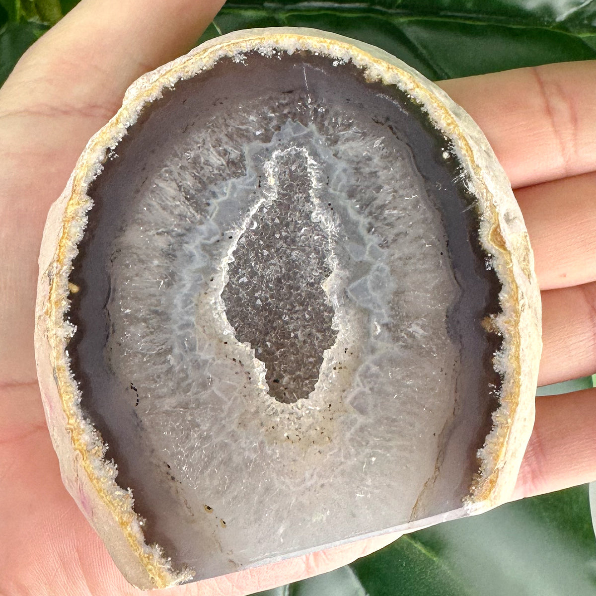 Agate Base Cut with Large Oval Druzy Pocket | Freestanding Polished Crystal | Sparkly Earth Tones