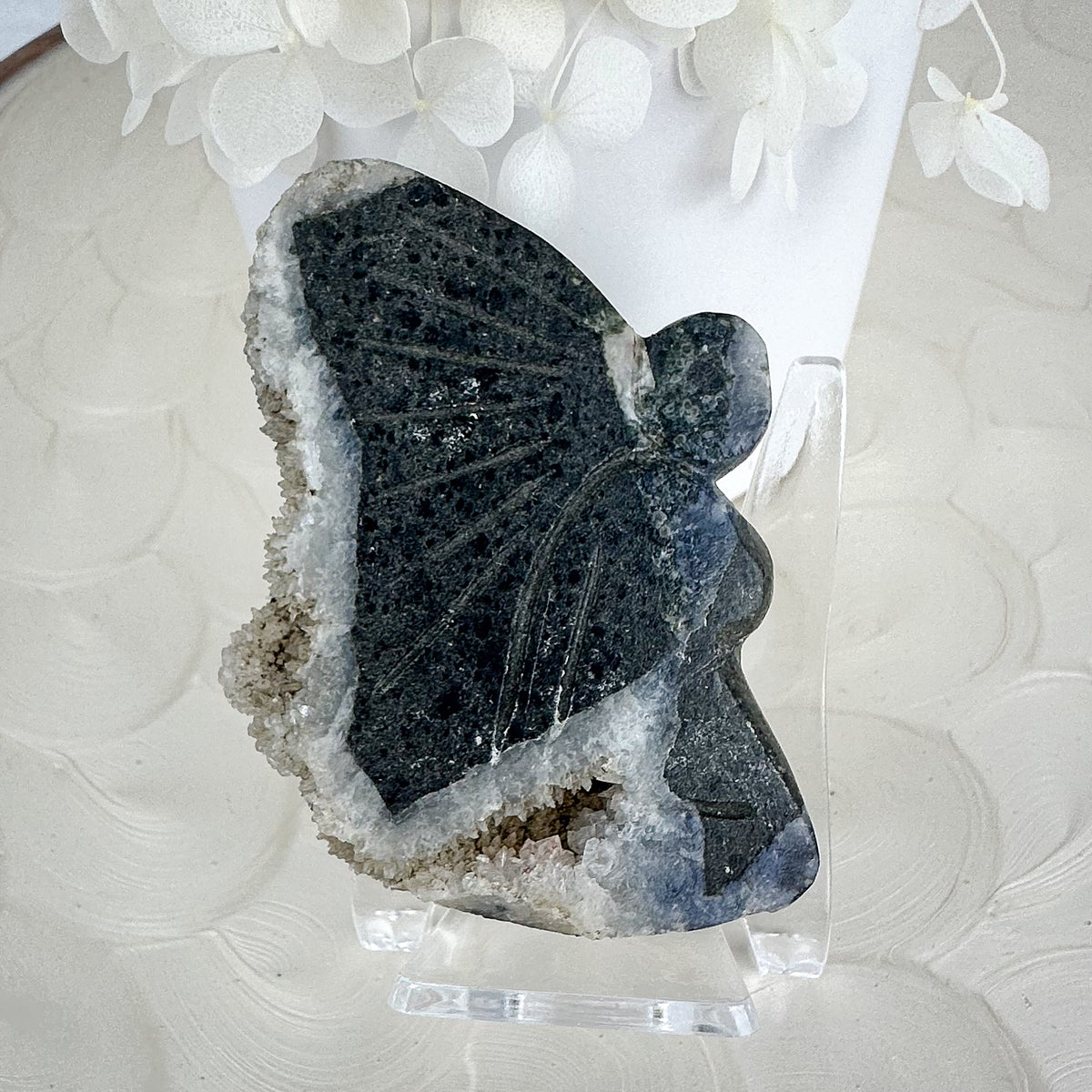 Hand Carved Fairy with Quartz Druzy Wings - 54g