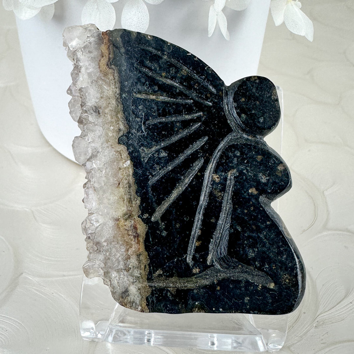Hand Carved Fairy with Quartz Druzy Wings - 41g