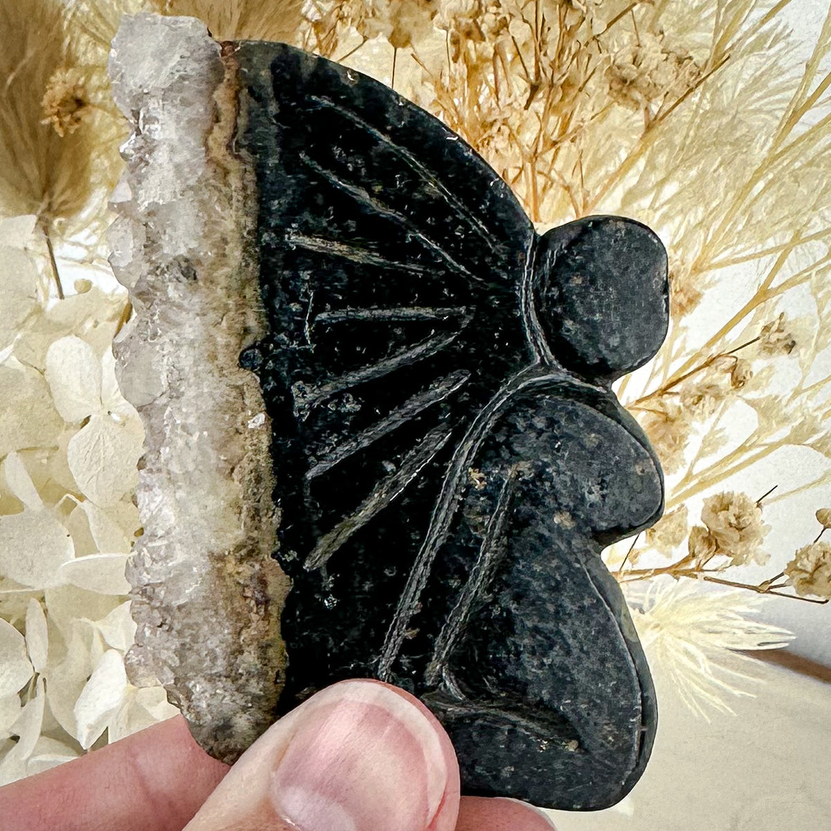 Hand Carved Fairy with Quartz Druzy Wings - 41g