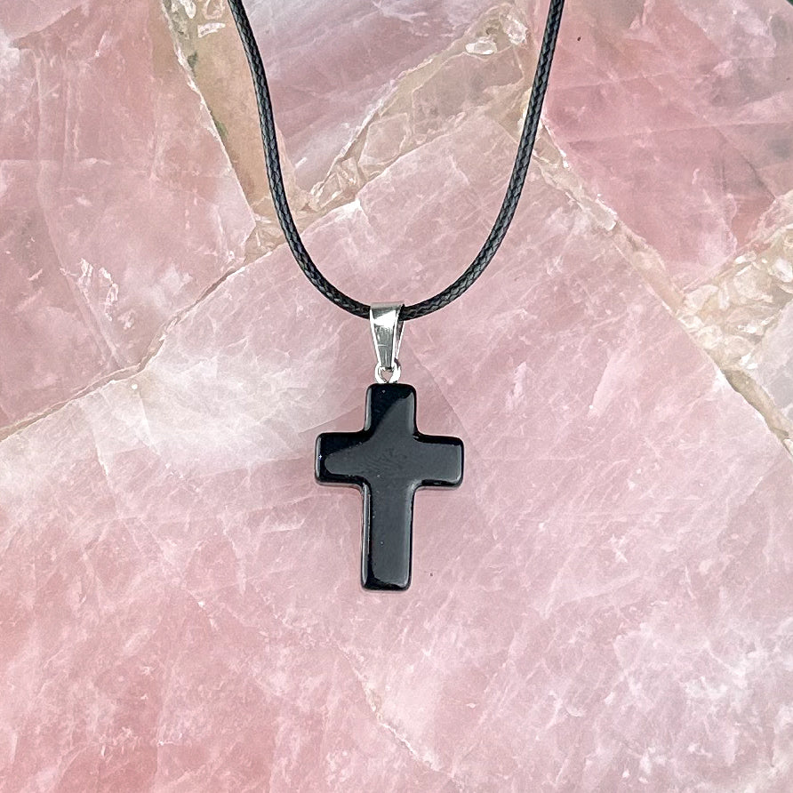 Black Obsidian Cross Necklace | Protection & Strength | Adjustable Cord Crystal Pendant