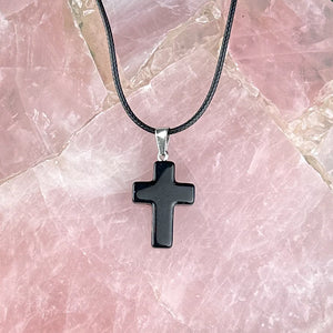 Black Obsidian Cross Necklace | Protection & Strength | Adjustable Cord Crystal Pendant