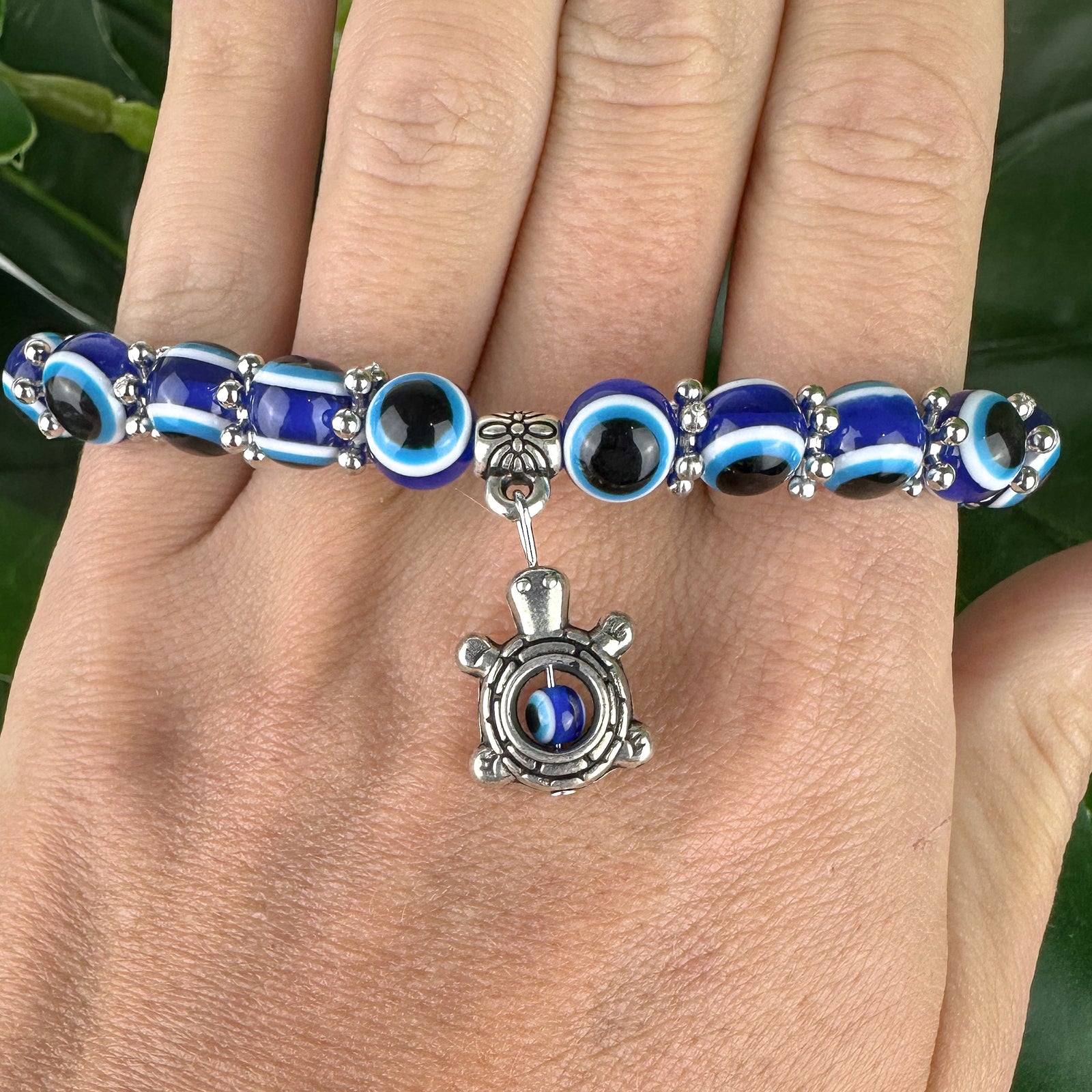 Evil Eye Stretch Bracelet | Turtle Charm | Protection & Calm Energy