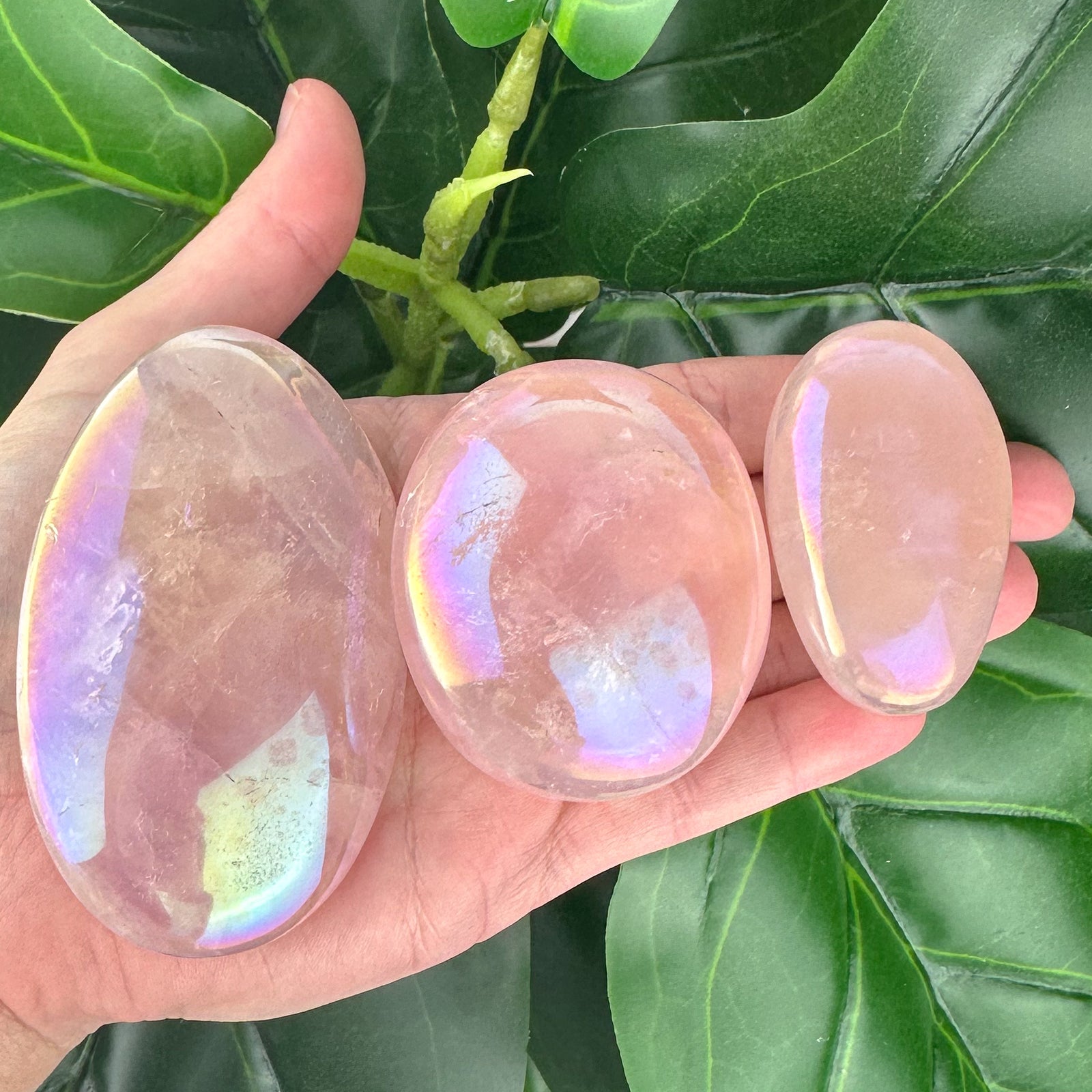 Aura Rose Quartz Palm Stone | Love & High Vibration | Healing Crystal