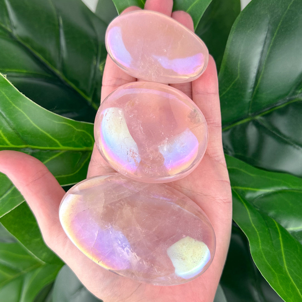 Aura Rose Quartz Palm Stone | Love & High Vibration | Healing Crystal