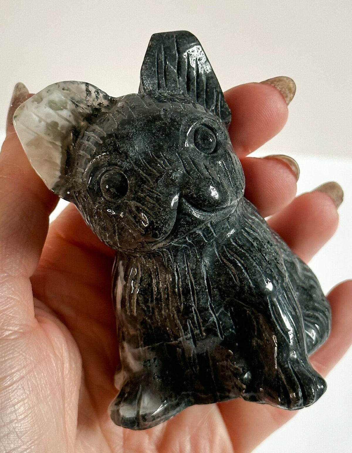 Large French Bulldog Moss Agate Carving