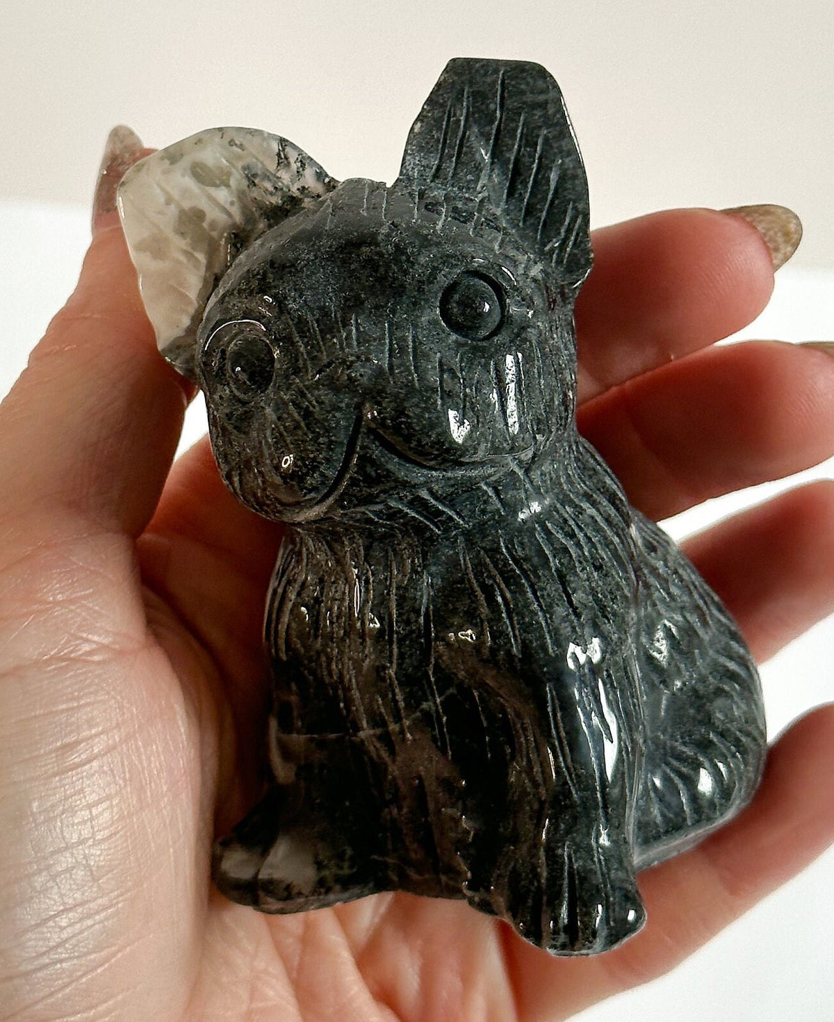 Large French Bulldog Moss Agate Carving