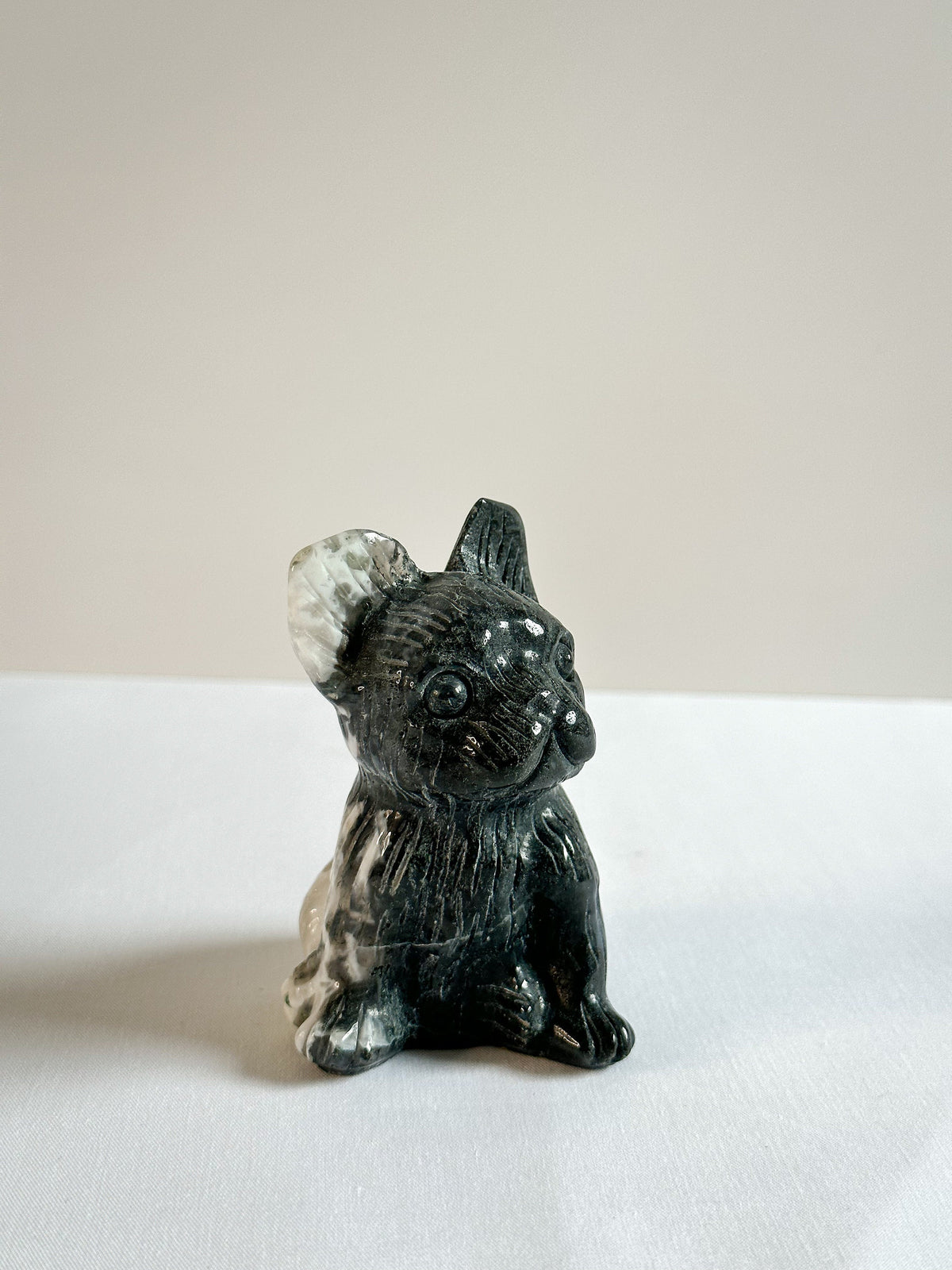 Large French Bulldog Moss Agate Carving
