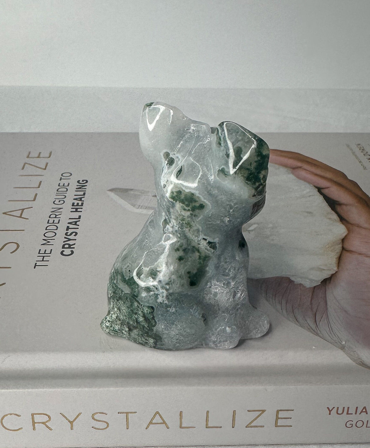 Unique Moss Agate French Bulldog Carving