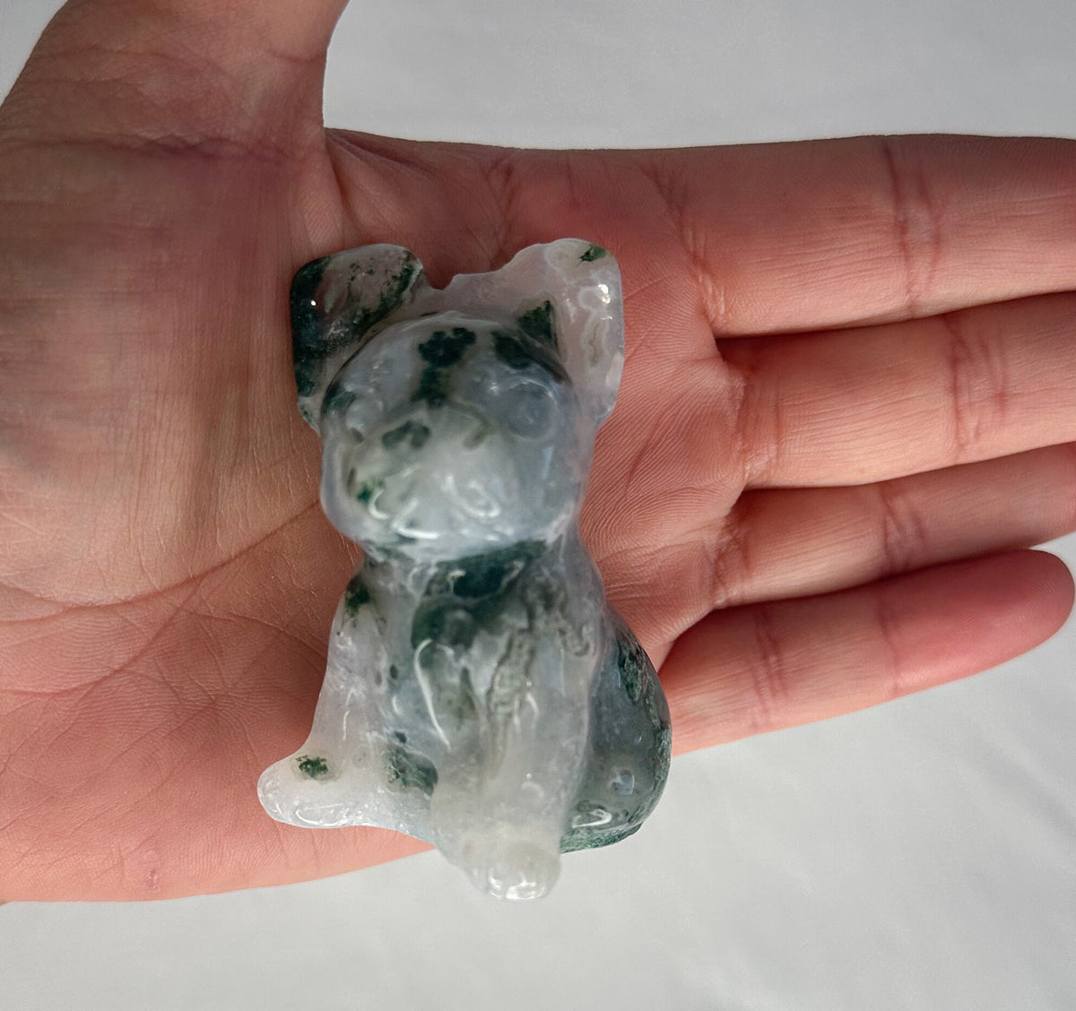 Unique Moss Agate French Bulldog Carving