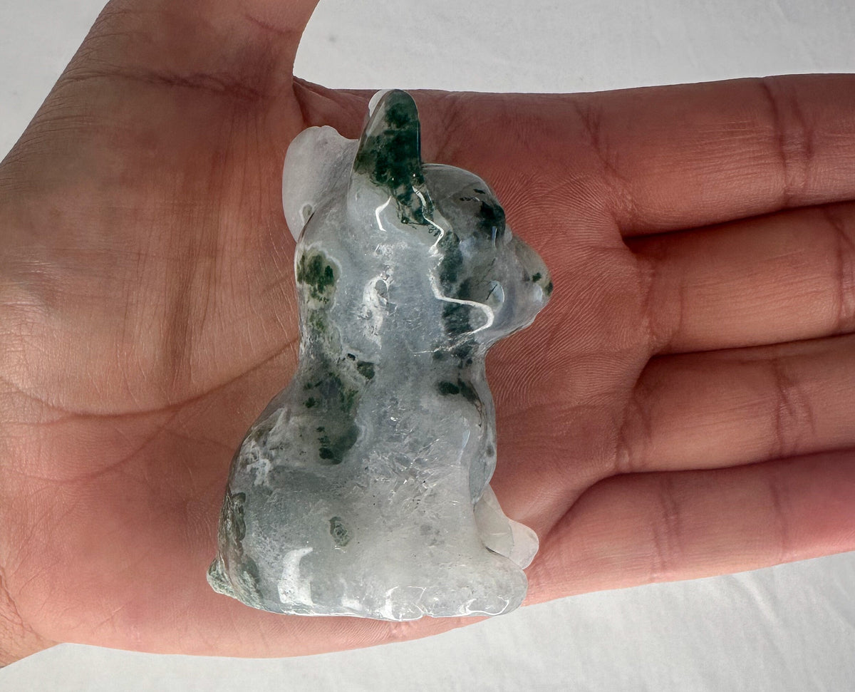 Unique Moss Agate French Bulldog Carving