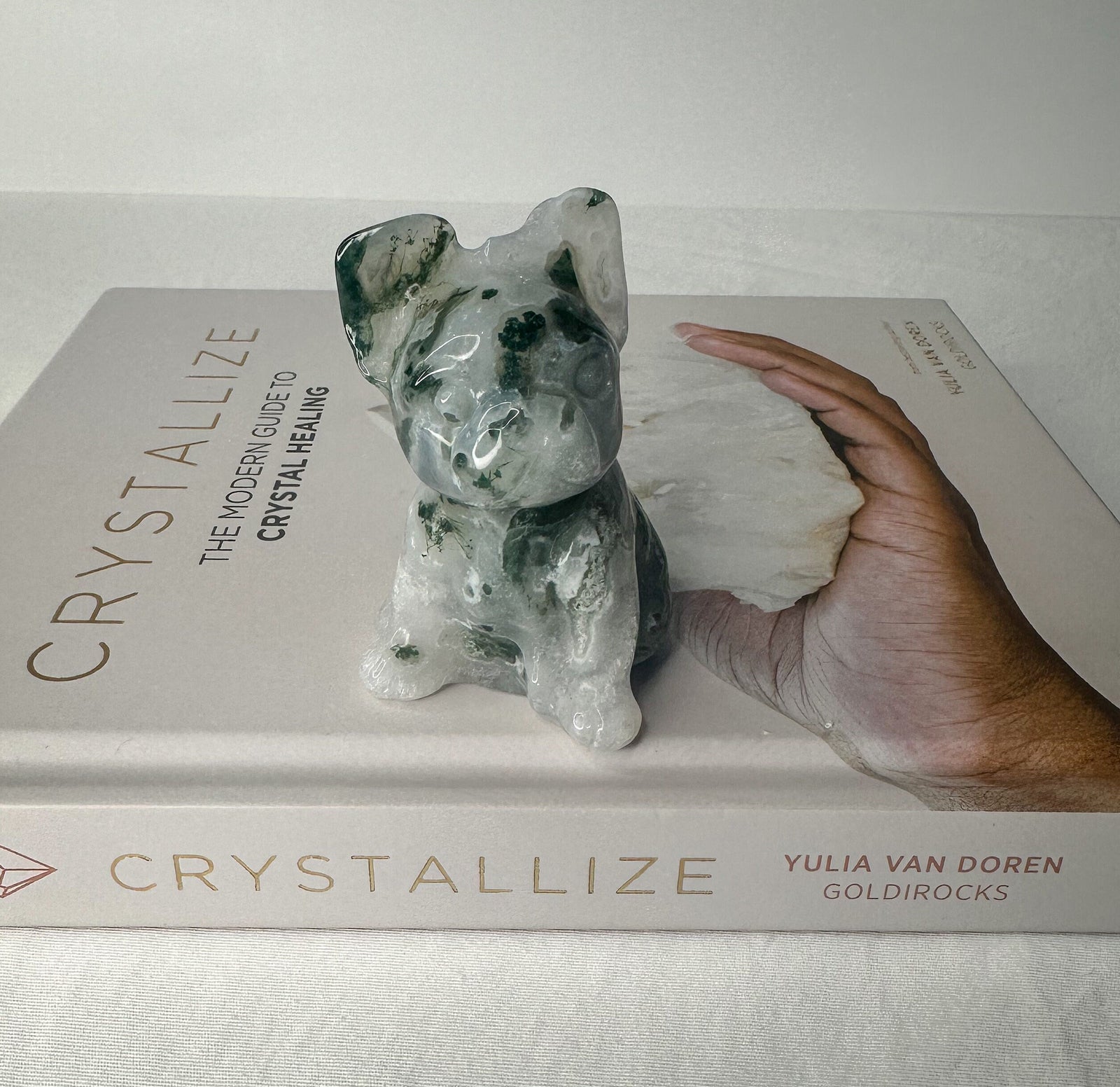 Unique Moss Agate French Bulldog Carving