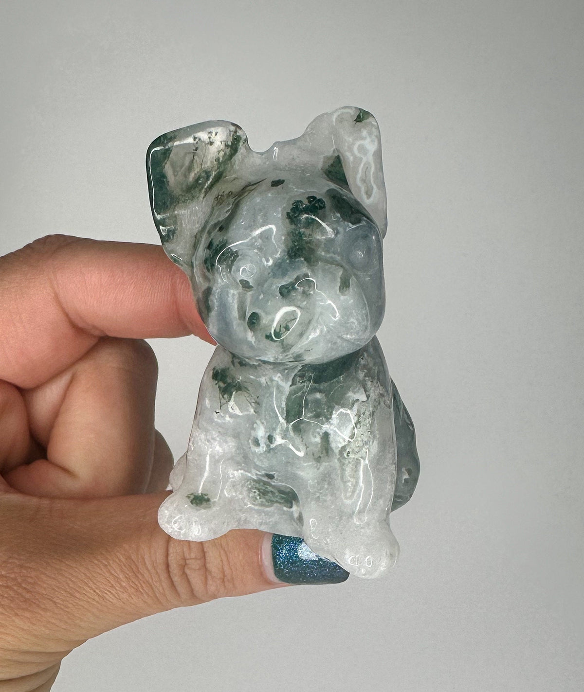 Unique Moss Agate French Bulldog Carving