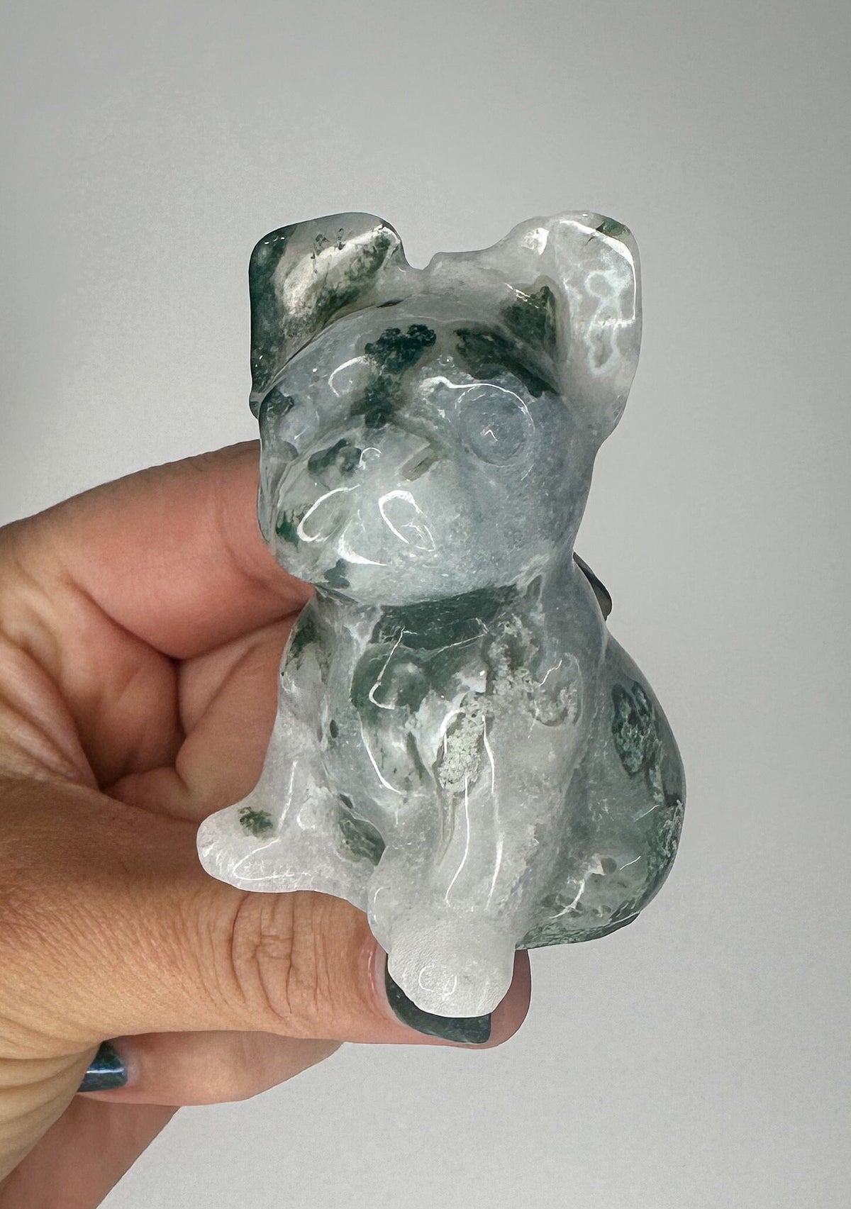 Unique Moss Agate French Bulldog Carving