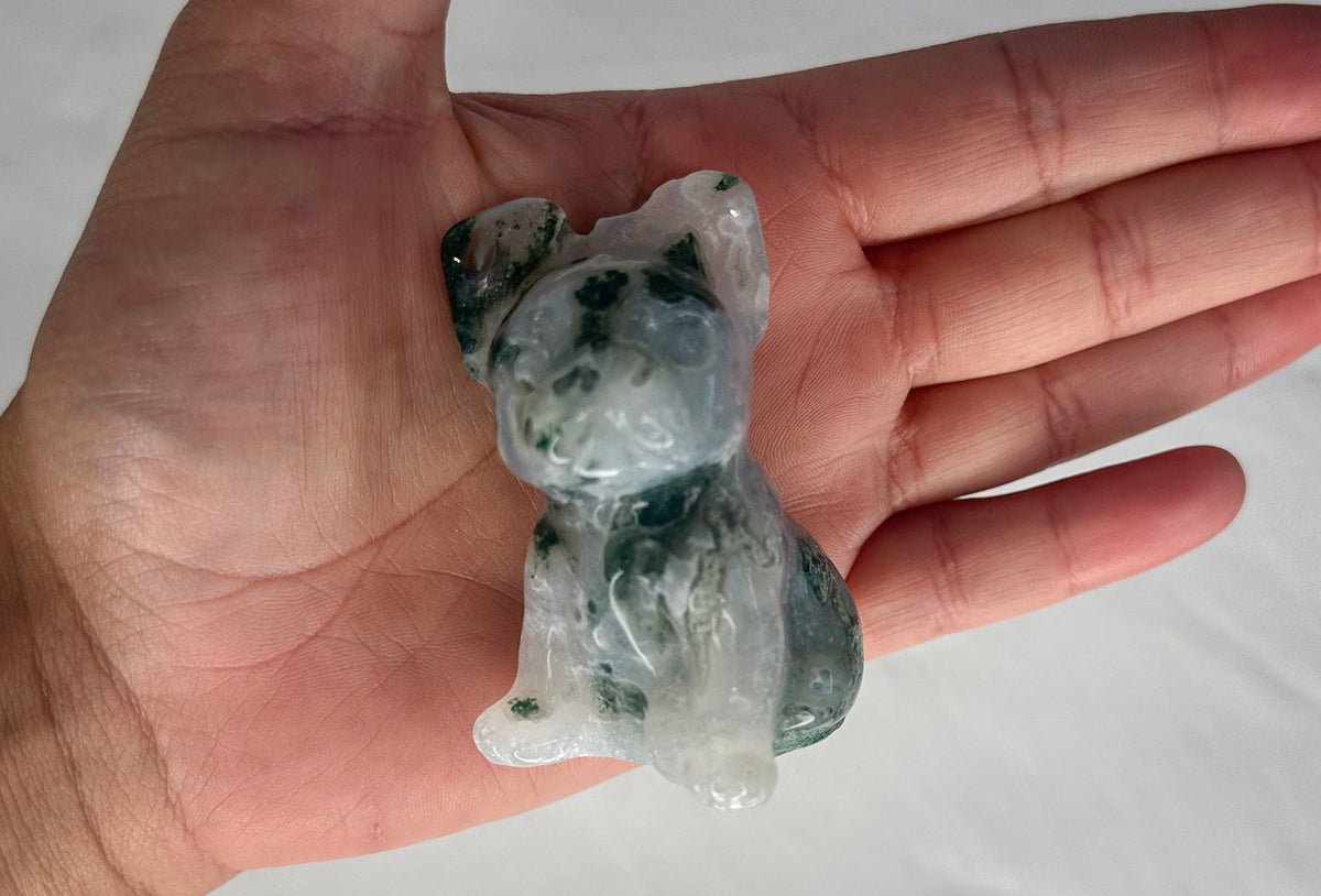 Unique Moss Agate French Bulldog Carving