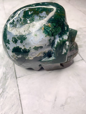 XL Natural Moss Agate Skull