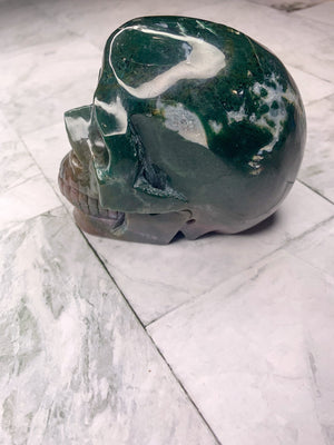 XL Natural Moss Agate Skull