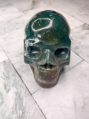 XL Natural Moss Agate Skull