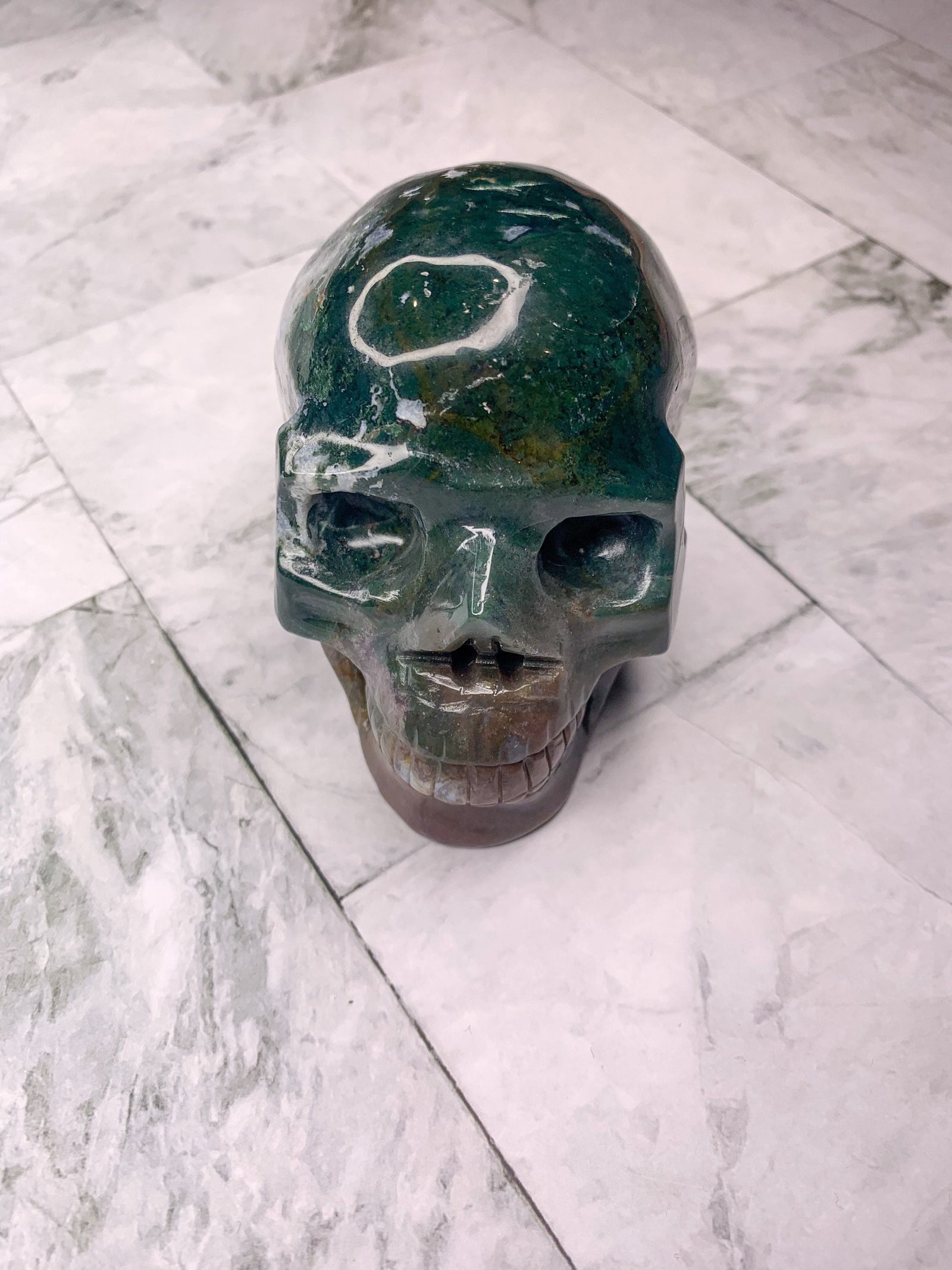 XL Natural Moss Agate Skull